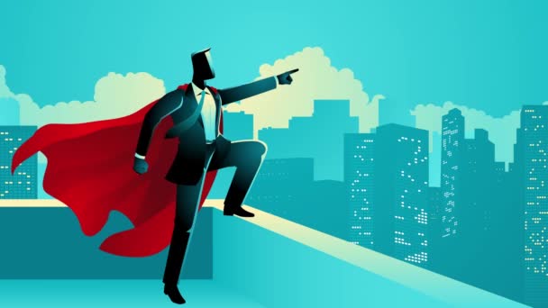 スーパーヒーローのビジネスマンの動きグラフィックは 街のスカイラインを指し 高層ビルの上に勝利を収めました リーダーシップ 企業の勝利に関連するアイデアを伝えるテーマ — ストック動画