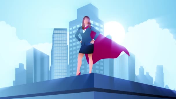 あなたの野望を解き放ち スーパーヒーローとしてのビジネス女性のベクターイラスト 障害を防ぎ 偉大な高みを達成する — ストック動画
