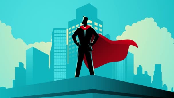 ビジネスマンは 建物の上に立っているスーパーヒーローとして 障害を征服 モーショングラフィックス — ストック動画