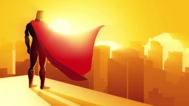 Gün batımında ya da gün doğumunda şehir manzarasını izleyen bir süper kahramanın çizgi film silueti. Hareket grafikleri.