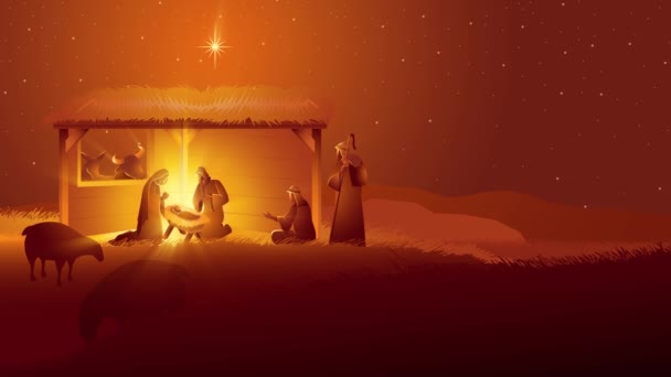 Bijbelse Bewegende Graphics Serie Kerststal Scène Van Heilige Familie Stal — Stockvideo