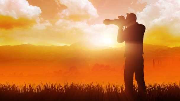 Silhueta Fotógrafo Tirando Fotos Belas Paisagens Durante Pôr Sol Gráficos — Vídeo de Stock