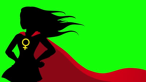 Gráficos Movimiento Una Superheroína Capa Roja Con Símbolo Femenino Pecho — Vídeo de stock