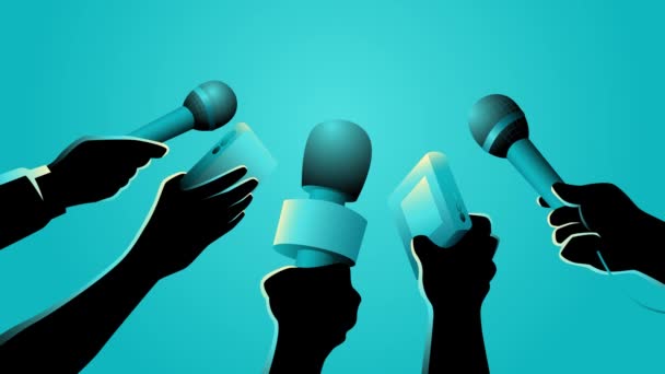 Ruchoma Grafika Rękami Trzymającymi Mikrofony Rejestratory Symbolizująca Dziennikarstwo Przekazująca Energię — Wideo stockowe