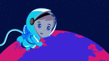 Chibi çizgi film hareketlerinin grafikleri Dünya 'nın üzerinde neşeyle süzülen bir astronotun