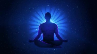 Uzayda meditasyon yapan bir adamın siluet hareketi grafiği, aydınlanma, olumlu düşünceler.