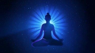 Uzayda meditasyon yapan, aydınlanan, olumlu düşünceler besleyen bir kadın figürünün siluet hareketi grafiği