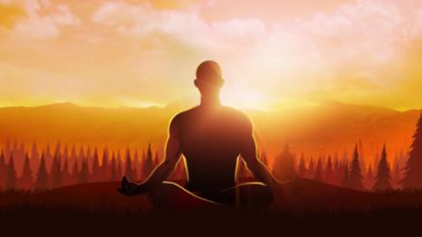 Dağ zirvesinde yoga yapan bir adamın silueti, hareket grafiği