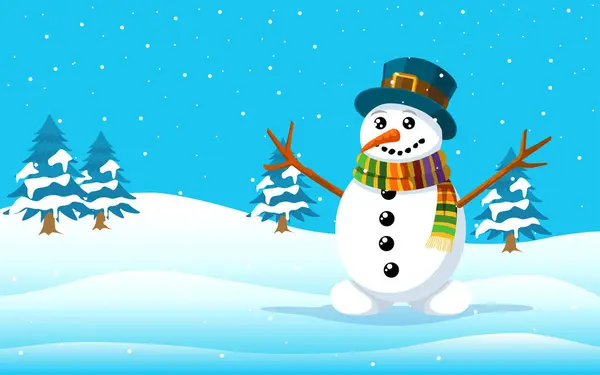 Snowman Cartoon Snowy Hills Christmas Theme Vector Illustration — Stock Vector