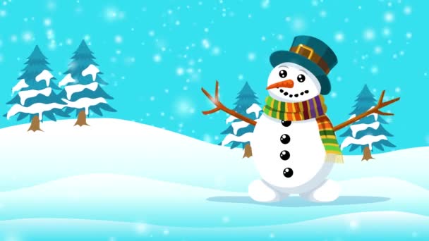 Boneco Neve Desenhos Animados Colinas Nevadas Para Tema Natal Gráficos — Vídeo de Stock