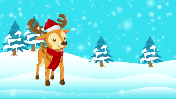 Noel Için Karlı Tepelerde Ren Geyiği Karikatürü Hareket Grafikleri — Stok video