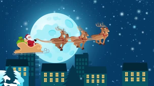 Noel Baba Nın Rengeyikleri Kızağıyla Bir Kasabanın Üzerinde Süzüldüğü Karikatür — Stok video