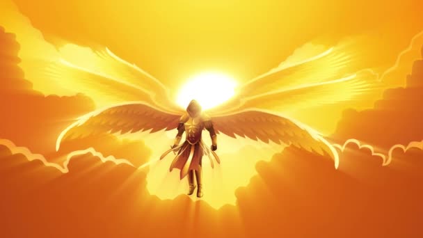 Fantasy Art Motion Graphics Archangel Six Wings Holding Sword Open — Stock Video