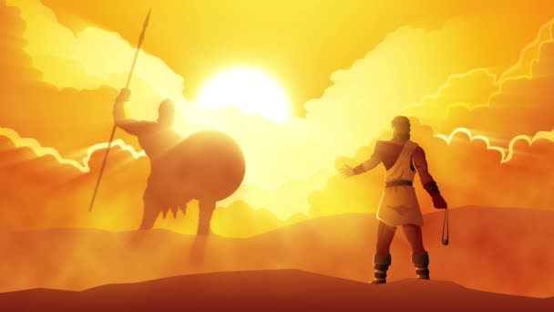 Biblijna Animacja Dawida Goliata Gotowych Pojedynek Dramatycznej Scenie — Wideo stockowe