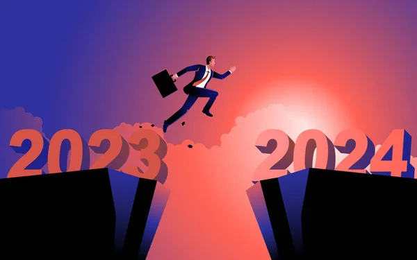 ビジネスマンは恐れずに2023年から2024年までジャンプします 挑戦を征服し 決断し 障害を克服し 来年には楽観主義と決意を受け入れる描写 — ストックベクタ