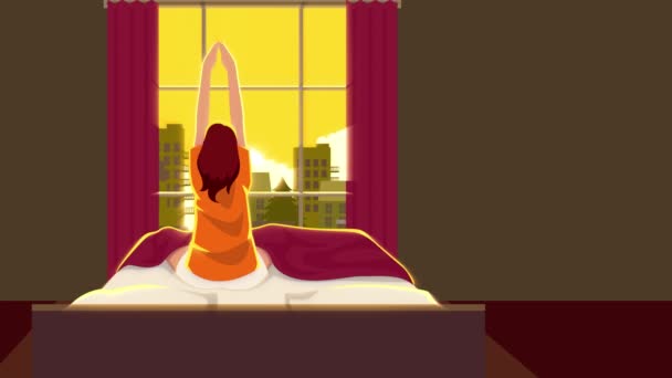 用这幅令人愉快的卡通片动画唤醒了全新一天的精神 它捕捉了清晨醒来的黑发女郎的宁静美丽 阳光以温暖的光芒轻柔地沐浴着房间 — 图库视频影像