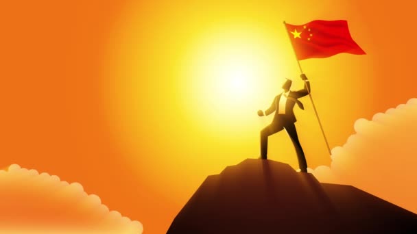 Провидец Бизнесмен Торжествуя Вершине Горы Гордостью Держит Флаг Китайской Народной — стоковое видео