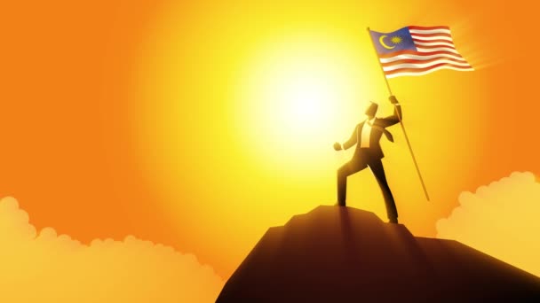 マレーシア国旗を掲げる山の上に楽観的に立っているビジネスマンの動きグラフィック — ストック動画