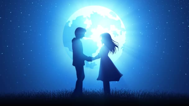 Silhouette Bewegungsgrafik Eines Jungen Paares Das Sich Mondlicht Den Händen — Stockvideo