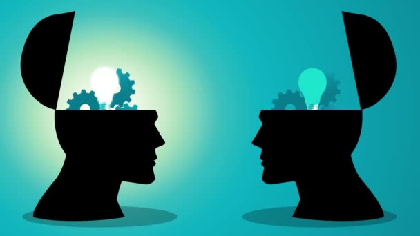 Conocimiento Intercambio Ideas Entre Dos Personas Cabeza Transferencia Conocimiento Innovación — Vídeo de stock