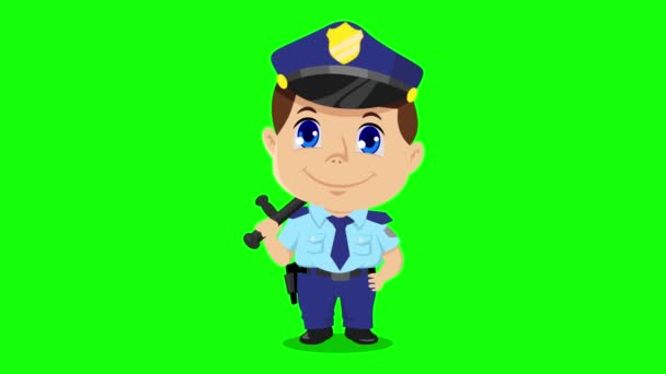 Графіка Руху Милого Мультиплікаційного Поліцейського Зеленому Екрані — стокове відео