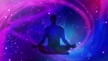 Göksel bir galaksinin kalbinde meditasyon yapan bir adamın siluet hareketi grafiği, aydınlanma, pozitif düşünceler ortaya koyuyor.