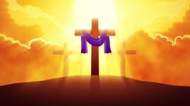 İncil 'de geçen grafik seriler, tepede mor kuşaklı ahşap haç ve dramatik bulutlar arka planda, iyi cuma günleri için, diriliş, Paskalya, kül çarşambası, Hıristiyanlık teması