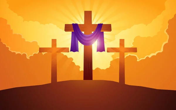 Serie Ilustración Vectorial Bíblica Cruz Madera Con Marco Púrpura Colina — Vector de stock