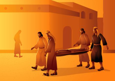 Biblical vector illustration series, biblical scene of four friends carrying a paralyzed man to Jesus clipart
