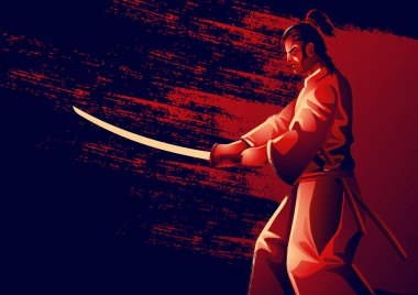 Dinamik mikro vektör çizimi, savaş için hazırlanmış bir samurayın grunge tarzı tasviri, elinde katana