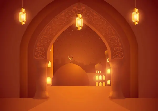 Pintu Dekoratif Dan Pilar Islam Menawarkan Pemandangan Masjid Dan Pemandangan - Stok Vektor
