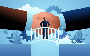 Businessman standing in the middle of a bridge, observing giant hands shaking, depiction the concept of a middleman or broker facilitating negotiations and bridging connections between parties clipart