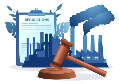 Arka planda kirli fabrikalar, karbon ve emisyon düzenlemeleri, kirlilik kontrol kavramı ile Gavel adalet çekici
