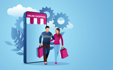 Digital age of retail, vector illustration of a couple carrying shopping bags, mobile phone symbolizing ecommerce, modern retail, technology integrates with everyday activities clipart