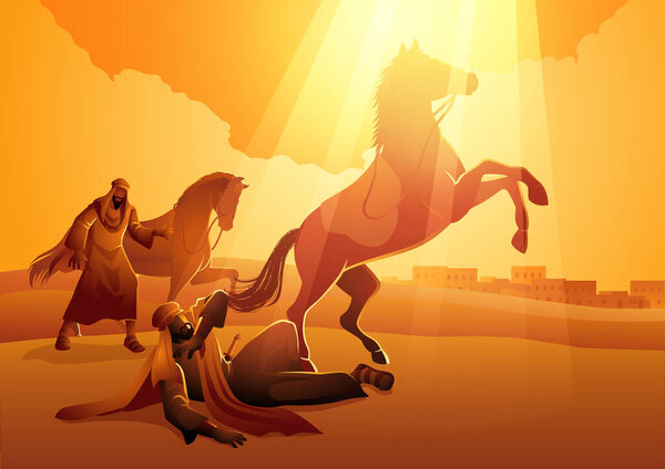 Sauls transformative encounter on the road to Damascus. Saul, later known as Paul, is struck down by divine light, symbolizing the revelation and conversion that would shape the course of Christianity