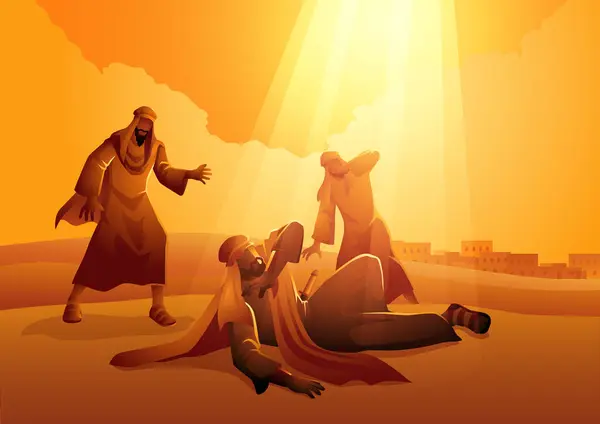 ダマスカスへの道の上で魂の変容の出会い 後にパウロとして知られるサウルは キリスト教の道を形作る啓示と変換を象徴する神の光に打たれています — ストックベクタ