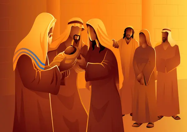 イエスの誕生から40日後 マリアとヨセフは彼をエルサレムの神殿に連れて行き シメオンは彼らを祝福しました — ストックベクタ