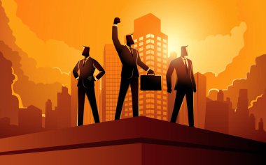 Businessmen standing on the top of a building, accomplishment, determination, conquer obstacles, vector illustration clipart