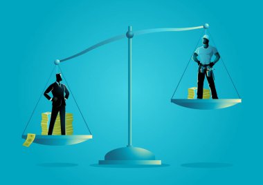 Mavi yakalı ve beyaz yakalı işçiler, HR sunumları ve iş gücü materyalleri için maaş eşitsizliğini sembolize eden para yığınlarıyla dolu bir ölçekte çalışıyorlar. Farklı iş sektörleri arasındaki maaş farkları