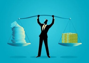 Bir tarafta hisse senedi belgeleri, diğer tarafta para, mali, yatırım ve hisse senedi değerleri, mali evraklar ve parasal değer arasındaki dengeyi elinde tutan bir işadamı.