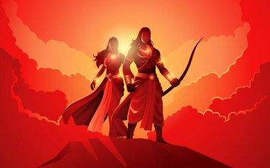 Hindu mythology series, majestic presence of Lord Rama and sita vector illustration, depicting the revered Hindu deity standing gallantly atop a mountain against a dramatic cloudscape background  clipart