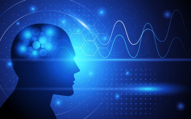 Fütürist bir zemin içinde dalgalar yayan bir beynin vektör çizimi. Düşünceyi, yeniliği ve zihnin, nörobilimin ve teknolojinin sınırsız olanaklarını sembolize eder.