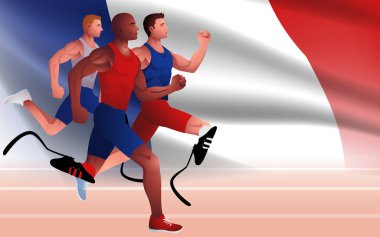 Para atletler, arka planda Fransız bayrağı olan koşu pistinde protez bacaklarla yarışıyorlar, spor etkinlikleri, azim, atletizm ve insan ruhunun zaferi sergileniyor..