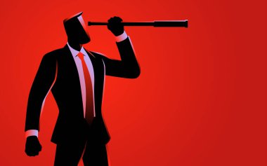 Vector illustration of a businessman standing and using a telescope, symbolizing vision, strategy, planning, and forward-thinking clipart