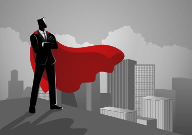 Bir binanın tepesinde duran bir süper kahraman olarak iş adamı, başarıyı, azmi ve engelleri aşmayı, vektör illüstrasyonunu sembolize eder.