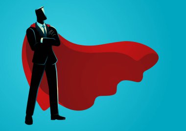 Süper kahraman olarak iş adamı, muhteşem kırmızı bir pelerin giyiyor ve kollarını kavuşturarak cesurca poz veriyor. İş dünyasında güveni, gücü ve olağanüstü liderliği sembolize eder.