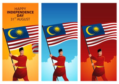 Malaysian man in traditional Malaysia clothing holding the flag of Malaysia with pride. Celebrating Independence Day, and national events. Optimized for mobile phone screen size clipart