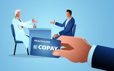 Man consulting with his doctor, with a hand holding a copay card in the foreground. Ideal for healthcare, medical consultations, insurance, and patient payment options themes clipart