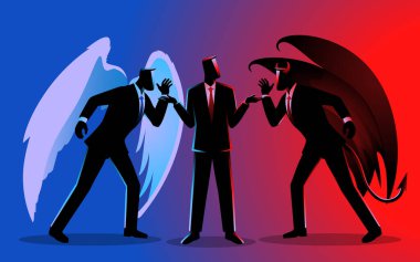 Sağında bir melek ve solunda bir şeytanla iş adamı, her ikisi de ikna edici fikirler fısıldıyor, ahlaki ikilemleri ve iç çatışmaları temsil ediyor. Doğru ve yanlış arasında seçim yapmak için ideal tema