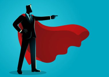 Süper kahraman olarak tasvir edilen bir iş adamının vektör çizimi, kendinden emin bir şekilde ileriye bakıyor. Liderlik, hırs, motivasyon ve iş başarısıyla ilgili kavramlar için mükemmel.